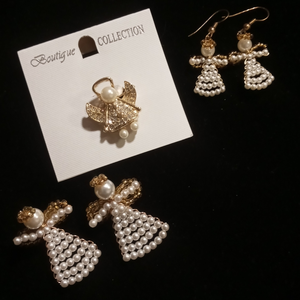 Angel pins 3 & a pair of matching earrings
